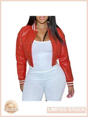 Faux Leather Cropped Varsity Bomber Jacket Snap Button Letterman